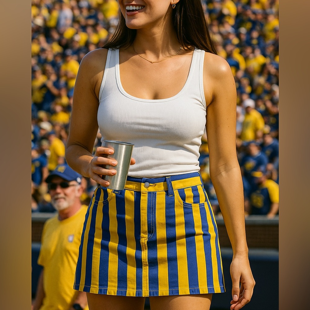 Game Bibs Blue Gold Cotton Mini Skirt Women 8 Collegiate Athletic Sports - Picture 10 of 10
